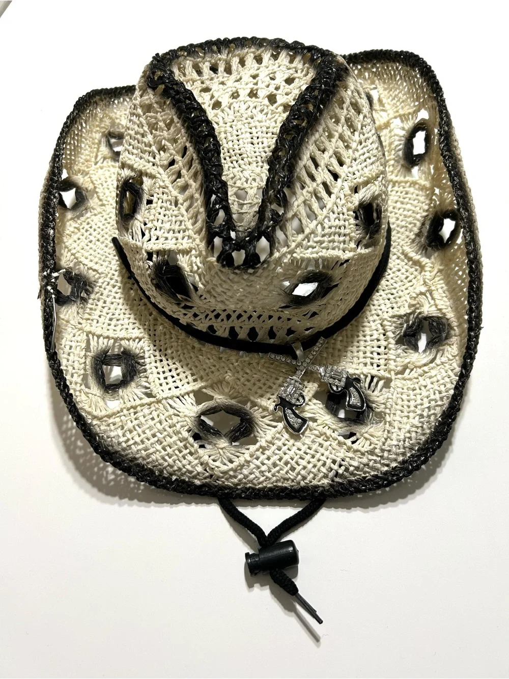 Handmade Straw Cowgirl Hat with Black Trim and Chin Cord